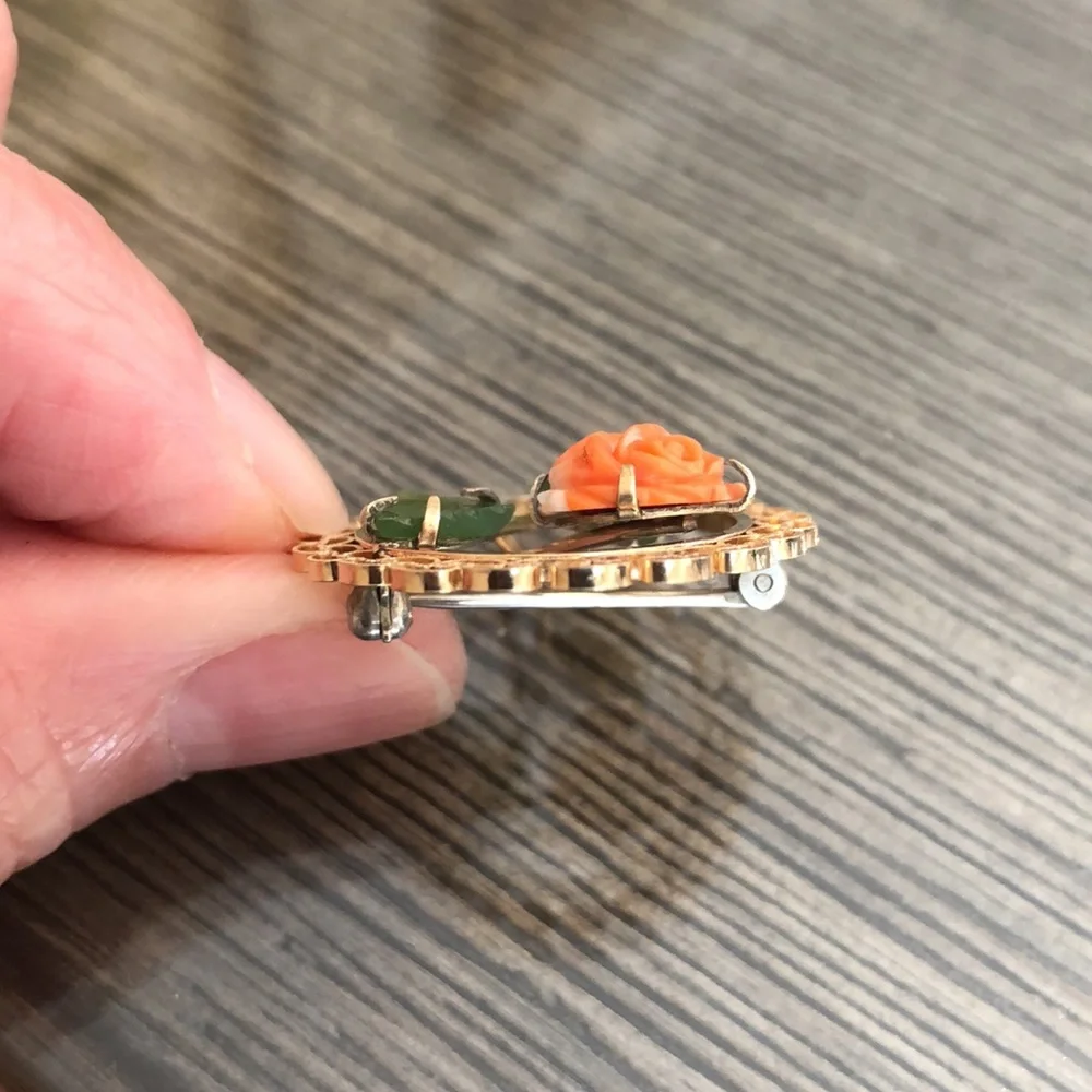 Vintage Gold Plated Coral Rose and Jade Leaves Pin